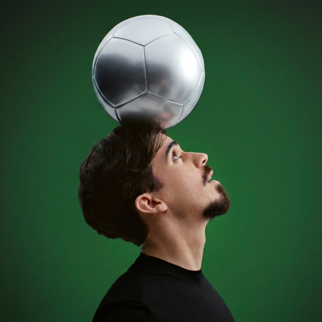 Modelo com bola de futebol na cabeça em fundo verde escuro.