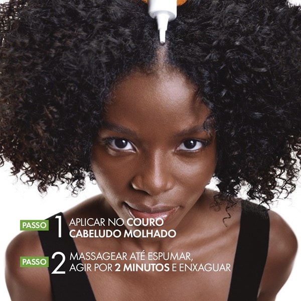 1 - Aplicar no couro cabeludo molhado; 2 - Massagear até espumar, agir por 2 minutos e enxaguar.