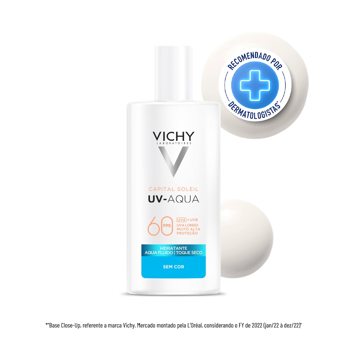 Novo Vichy UV-Aqua Sem Cor. Com o selo de recomendação por dermatologistas.