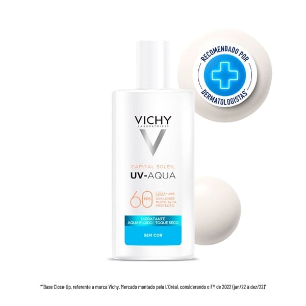 Novo Vichy UV-Aqua Sem Cor. Com o selo de recomendação por dermatologistas.