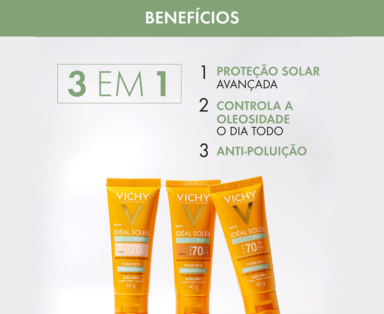 Protetor Solar Facial Vichy Ideal Soleil Purify FPS70 - 40g Benefícios