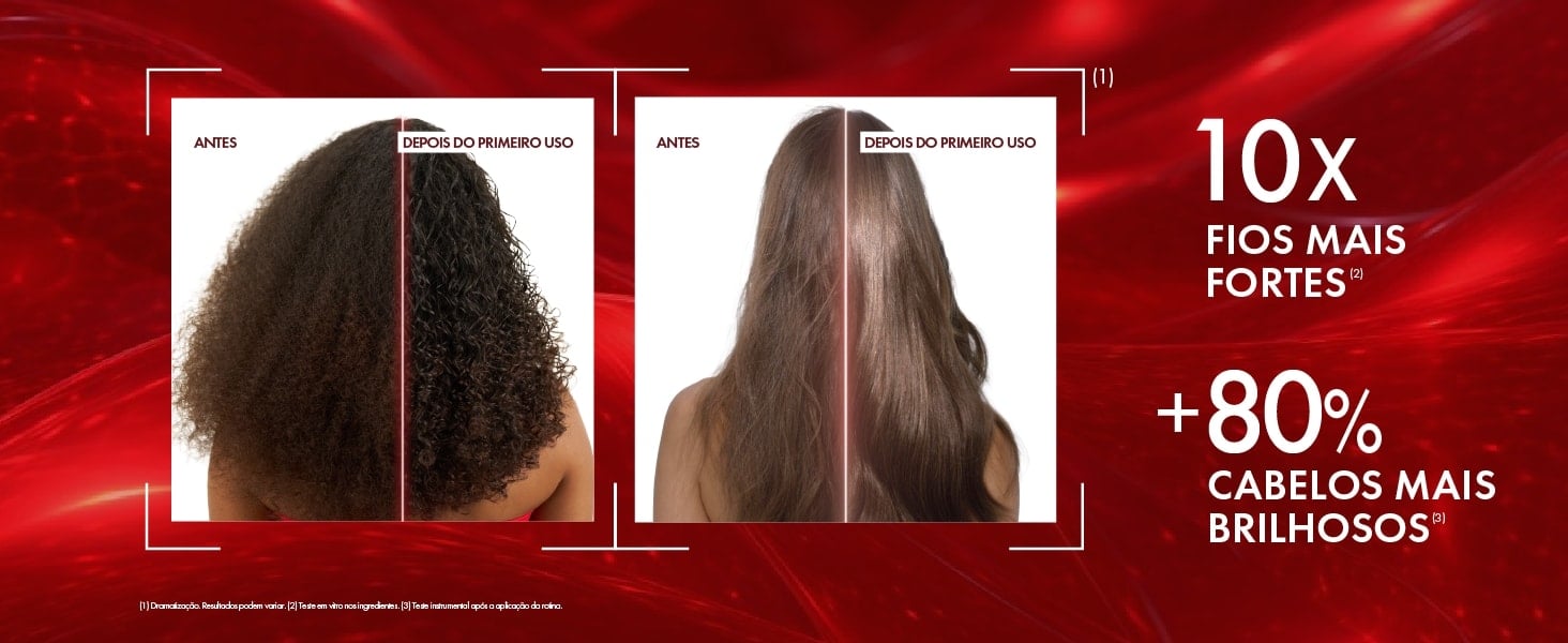 Fios 10x mais fortes; cabelos 80% mais brilhosos.